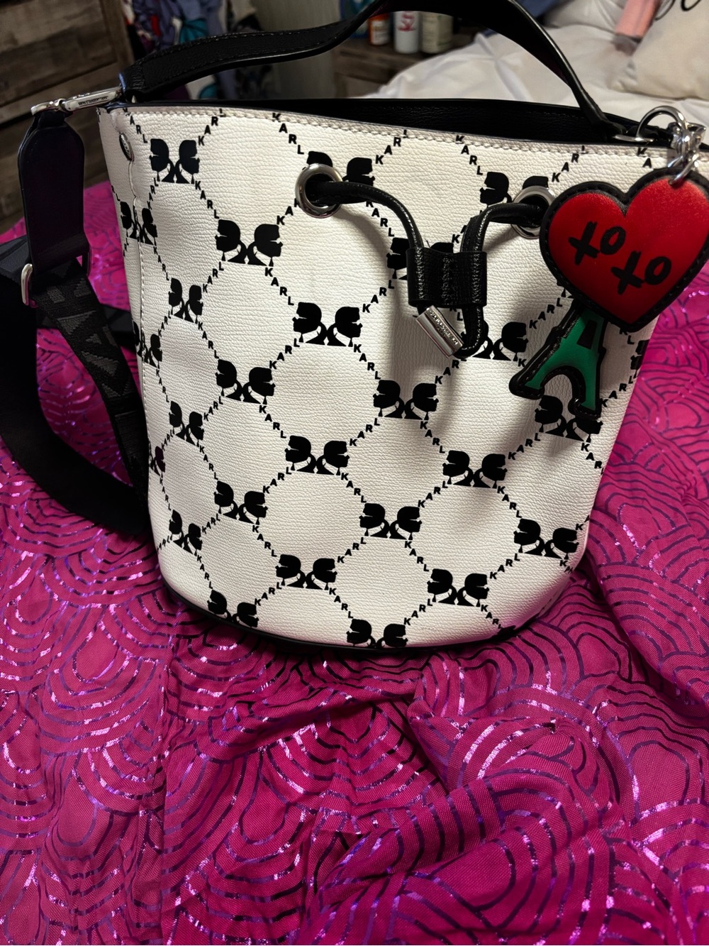 Karl Lagerfeld White and Black Monogram Bucket Bag with Red Heart Charm